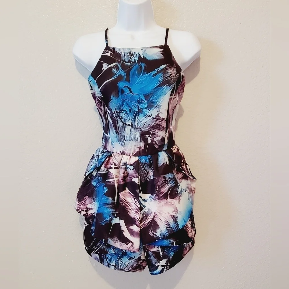 💚5/$25 ASOS OSMOSE Black Abstact Print Skort Dressy Romper Playsuit Size Small